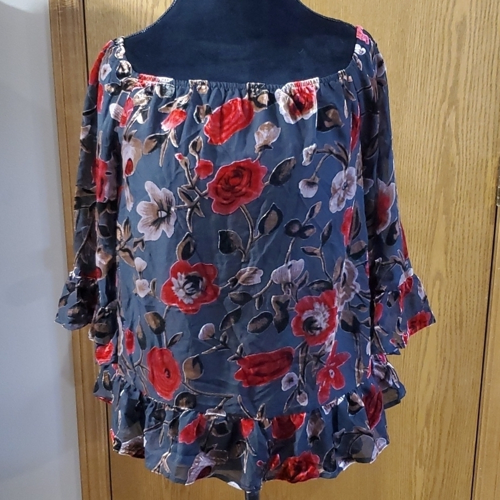 Isla maude floral sheer velvet ruffled 3/4 sleeve blouse